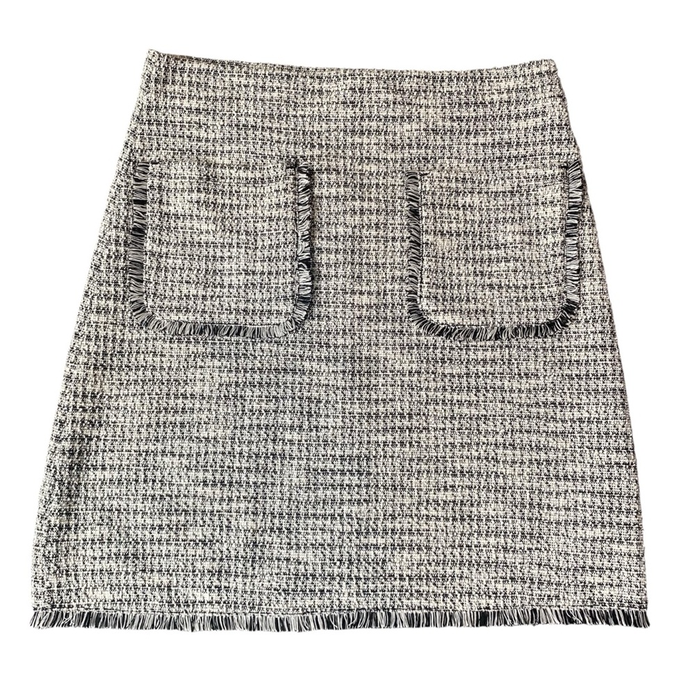 Chanel-Tweed-Look Mini Skirt w/ Fringe Front Pockets and Hem, Black, White Sz XS